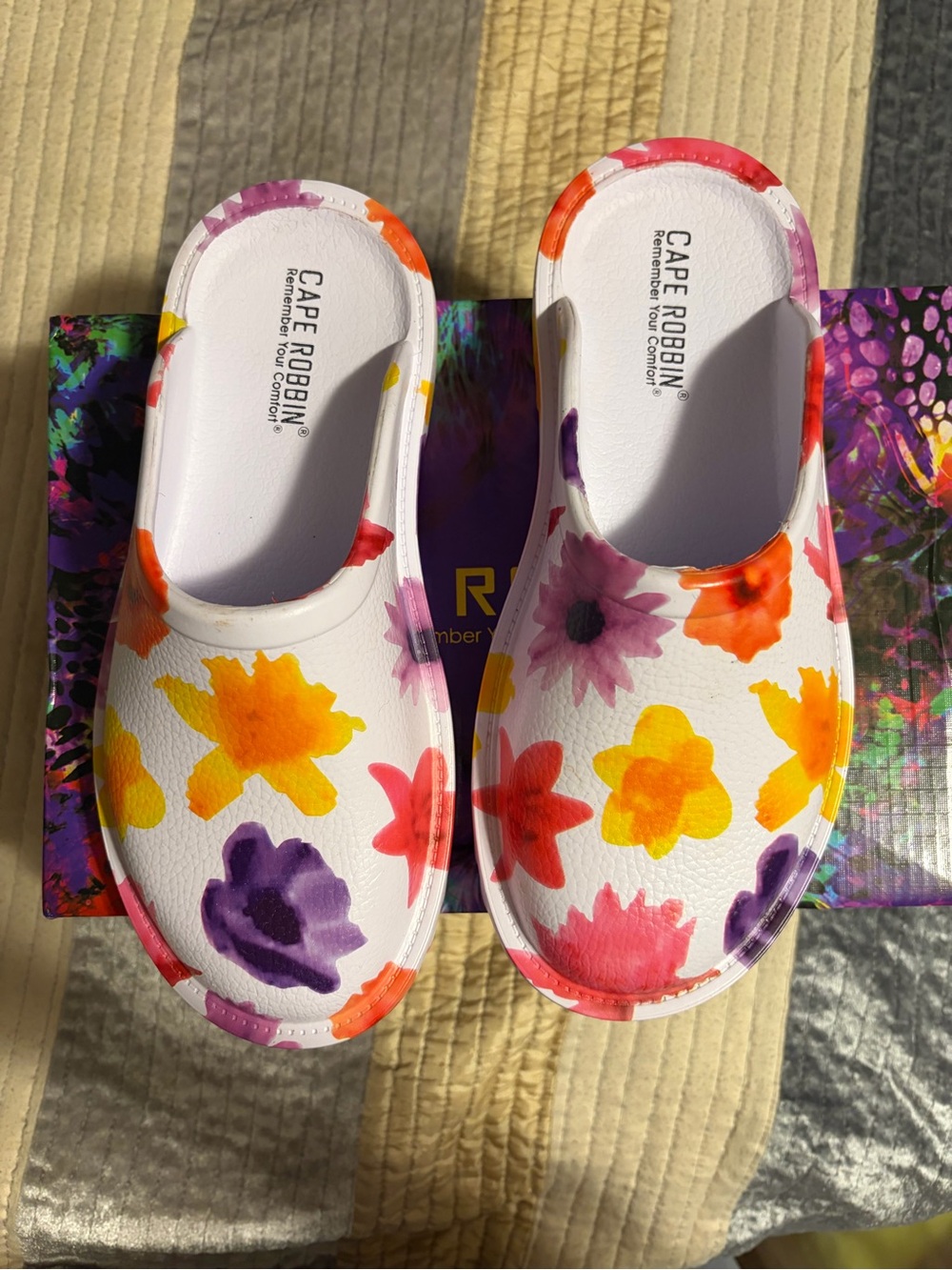 Cape Robbin White Floral Slip-On Clogs with Yellow, Orange & Purple Blooms